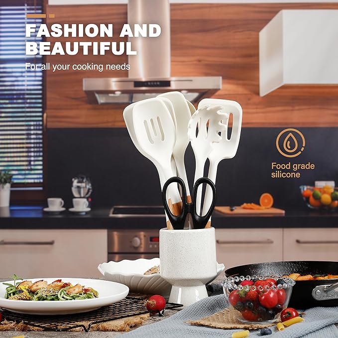 QMVESS Silicone Cooking Utensils Set, Kitchen Utensils Set 7 Pcs with Long Wooden Handle, Food Grade and Heat Resistant Large Silicone Spatula Set for Nonstick Cookware, BPA Free(White)-Ruum Studio Home