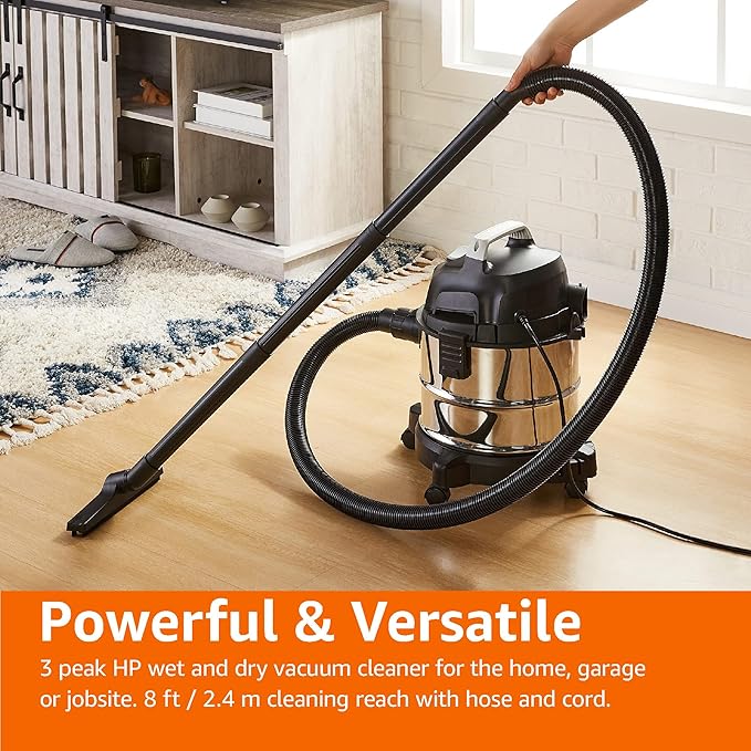 Amazon Basics Wet Dry Vacuum Cleaner, 4 gallon Shop, 3 HP Stainless Steel, Grey/Black-Ruum Studio Home