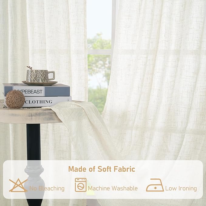 LAMIT Light Filtering Sheer Linen Curtains 84 inches Long, Linen Textured Semi Sheer Bronze Grommet Natural Boho Drapes for Living Room/Farmhouse/Bedroom, 2 Panels, Cream, 60 x 84 Inch-Ruum Studio Home