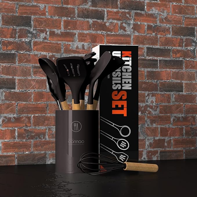 Silicone Cooking Utensils Set - 446°F Heat Resistant Silicone Kitchen Utensils for Cooking,Kitchen Utensil Spatula Set w Wooden Handles and Holder for Non-Stick Cookware, BPA FREE (Coffee)-Ruum Studio Home