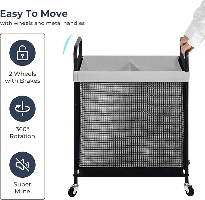 STO STO Laundry Hamper 2 Section, 100L Rolling Laundry Sorter Cart with Removable and Washable Liner Bag, Rolling Clothes Hamper with Metal Handle for Laundry Room and Bedroom, Gray-Ruum Studio Home