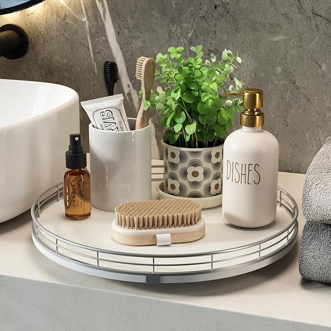 13" Lazy Susan Turntable Organizer for Table Top, Round Wooden Lazy Susan for Cabinet Kitchen Decor Centerpieces Coffee Table, Storage Condiments Spices, Bathroom Vanity Tray for Soap, White-Ruum Studio Home