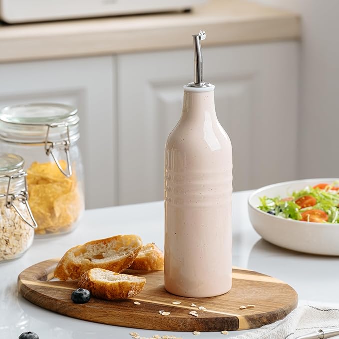 famiware Jupiter 16oz Ceramic Olive Oil Dispenser Bottle, 1 Piece Oil Dispenser for Kitchen with Stainless Steel Pourers, Suitable for Storage Vinegar, Soy Sauce, Coffee Syrup, Light Pink-Ruum Studio Home