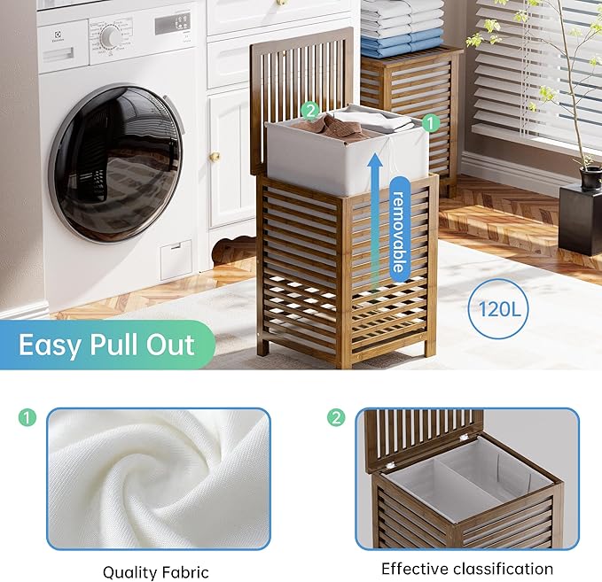 SMIBUY Double Laundry Hamper with Lid, 120L Bamboo Laundry Basket with Removable Liner Bag, 2-Section Clothes Divider Laundry Sorter for Laundry Room, Bathroom, Bedroom (Walnut)-Ruum Studio Home
