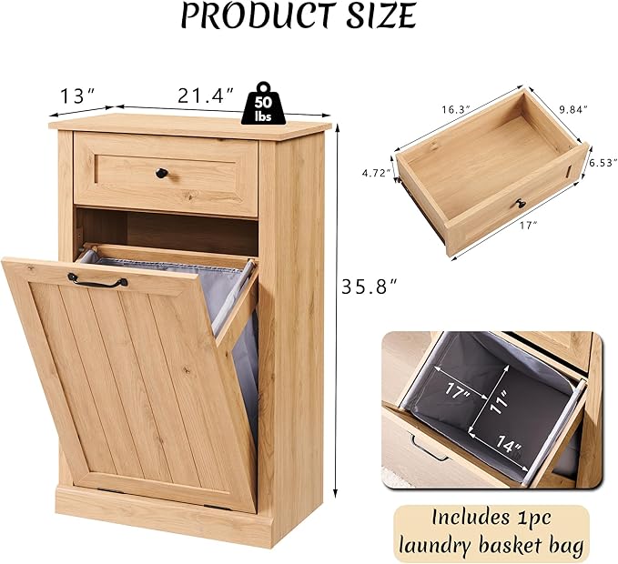 Tilt Out Laundry Hamper Cabinet, 10 Gallon Farmhouse Trash Can Cabinet with Drawer, Hidden Wood Garbage Can Bin Cabinets with Laundry Storage Basket for Bathroom, Kitchen, Natural-Ruum Studio Home