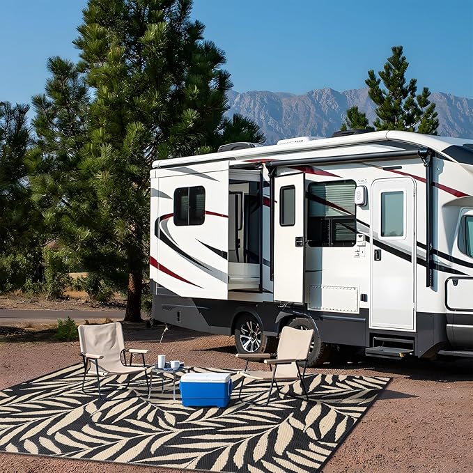 OLANLY Waterproof Outdoor Rug 6x9 ft, Reversible Outdoor Plastic Straw Rug with Leaf Pattern, RV Mat, Indoor Outdoor Carpet for Patio, Camping, Balcony, Deck, Backyard, Black & Beige-Ruum Studio Home