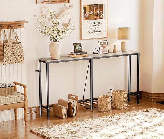 SUPERJARE Console Table with Outlet, 63 Inch Sofa Table with Charging Station, Narrow Hallway Entryway Table, Behind Couch Table, for Living Room, Oak-Ruum Studio Home