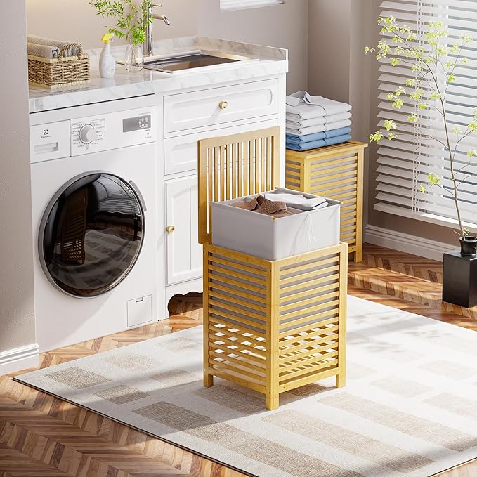 SMIBUY Double Laundry Hamper with Lid, 120L Bamboo Laundry Basket with Removable Liner Bag, 2-Section Clothes Divider Laundry Sorter for Laundry Room, Bathroom, Bedroom (Natural)-Ruum Studio Home