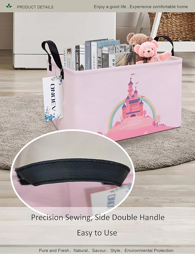 Rectangular Folding Laundry Basket,waterproof Canvas Basket,gift basket,Suitable for children's room,Office,Clothes,Toys Storage(Pink Castle)-Ruum Studio Home