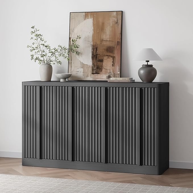 Fluted Buffet Cabinet with Storage, 60" Sideboard Buffet Storage Cabinet with 4 Doors & Adjustable Shelves, Wood Coffee Bar Credenza Accent Cabinet for Kitchen, Dining Room, Living Room, Black(1PCS)-Ruum Studio Home