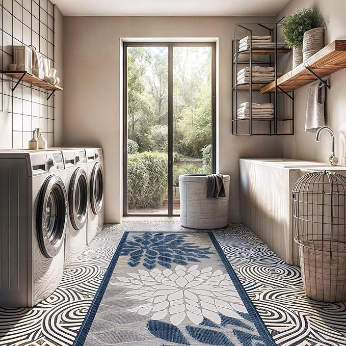 Beverly Rug Outdoor Runner Rug 2x7 Modern Floral Tropical Area Rugs for Indoor and Outdoor Patio Easy to Clean Non Shedding Living Room Porch Garden Washable Outside Carpet (2 x 7 Blue)-Ruum Studio Home