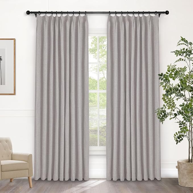 Macochico Pinch Pleated Blackout Linen Curtains 96 Inches Long 100% Light Blocking Burlap Curtains for Bedroom Living Room Thermal Window Panels with Tieback 72”Wx96”L Browish Grey 1 Panel