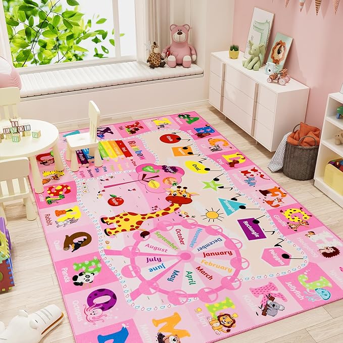 Kids Rugs for Playroom Bedroom Classroom Nursery, Non-Slip and Washable Rugs for Children Toddlers Girls, Educational and Fun Rug Carpets with ABC Alphabet Animals Shapes, 3x5, Pink-Ruum Studio Home