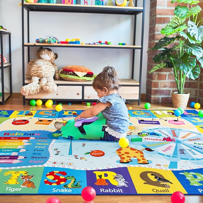 Kids Rugs for Playroom Washable, Educational and Fun Learning Rugs with ABC Alphabet Animals Shapes, Baby Toddler Children's Play Mat for Bedroom Classroom Nursery, 3x5 Feet, Blue-Ruum Studio Home