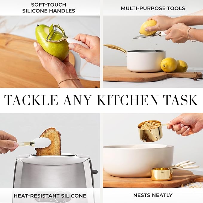 Styled Settings White and Gold Kitchen Utensils Set – 16-Piece Silicone Cooking Utensils with Measuring Cups and Spoons-Ruum Studio Home