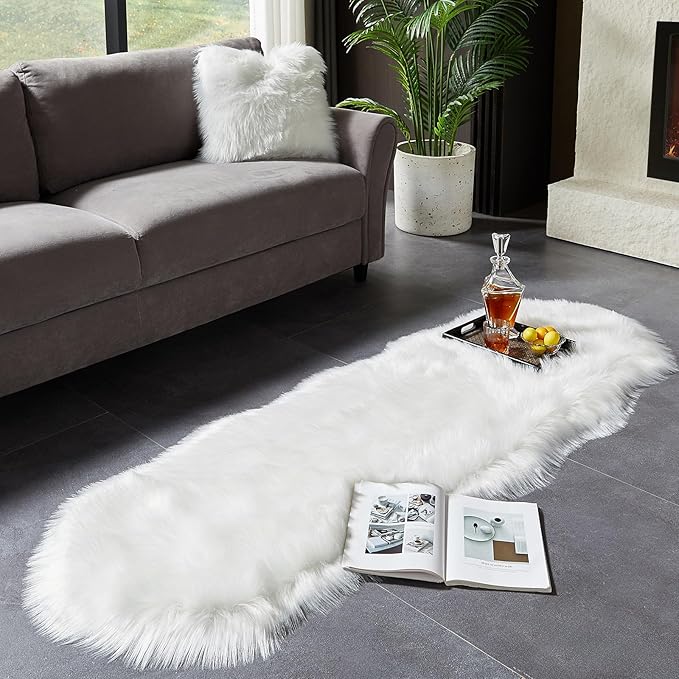 AMTOVO Faux Sheepskin Rug, White Ultra Soft Fluffy Shag Area Rug, 2 x 6 ft Faux Fur Rug for Bedroom Sofa Throw Cushion Room Decor, Sheepskin-Ruum Studio Home