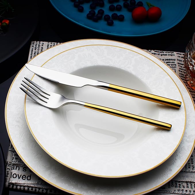 24 Piece Silverware Set For 6 Gold Handle Heavy duty 18/10 Stainless Steel Flatware Set Modern Design Knife/Fork/Spoon Mirror Polished Dishwasher Safe Cutlery Set with Gifts-Ruum Studio Home