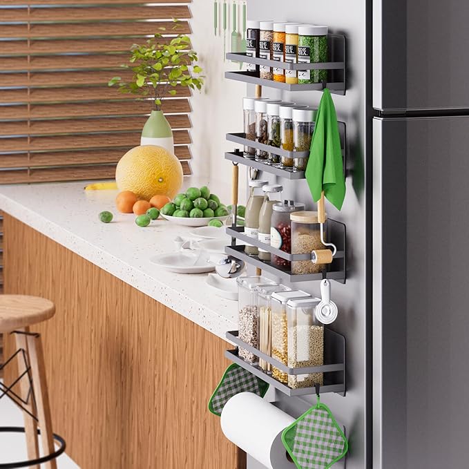 Magnetic Spice Rack for Refrigerator Moveable Magnetic Shelf Organizer Kitchen Seasoning Jars Storage Rack Fridge Magnet Organizer,Grey,4 Packs-Ruum Studio Home