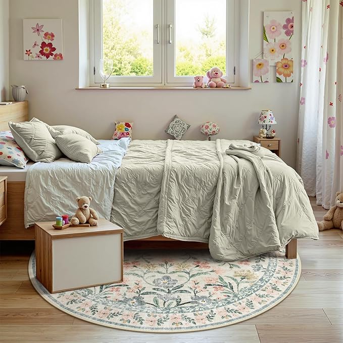 Wonnitar Round Washable Rug, Soft Floral Round Rugs 5ft Circle Carpets for Bedroom Ultra-Thin, Boho Beige Print Distressed Circular Carpet for Living Room Dorm Bedside-Ruum Studio Home