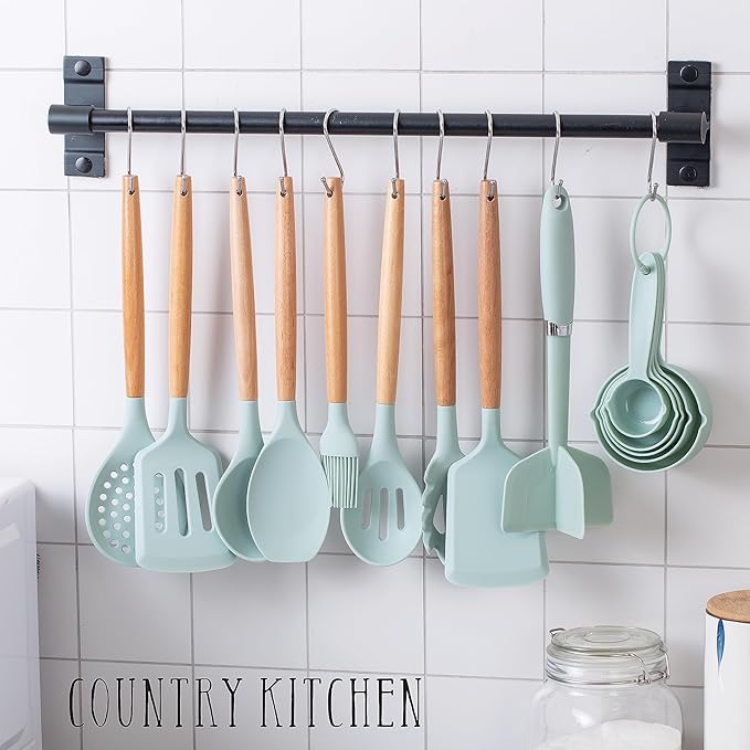 Country Kitchen Non Stick Silicone Utensil Set with Rounded Wood Handles for Cooking and Baking, 38 Piece Set, Mint-Ruum Studio Home