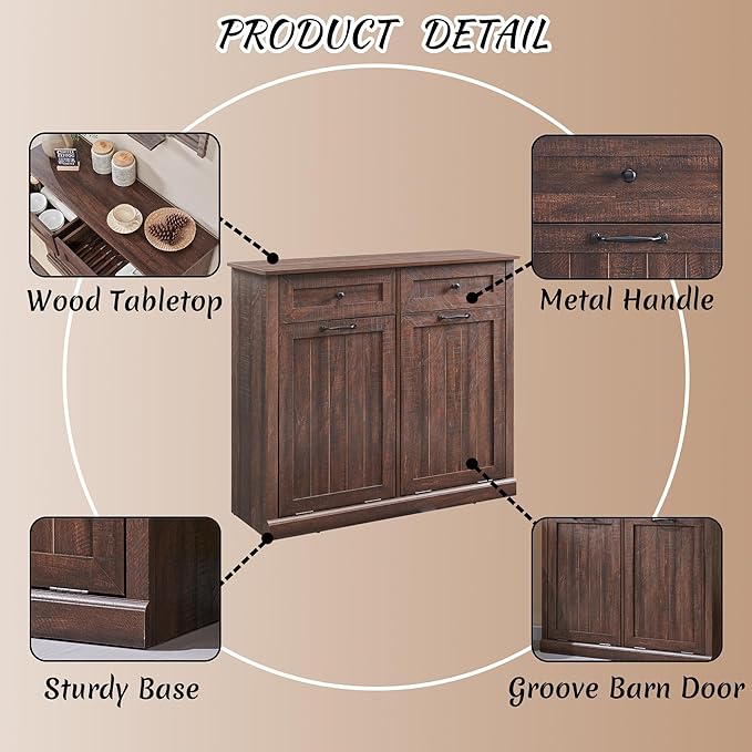 Double Tilt Out Laundry Hamper Cabinet, 20 Gallon Farmhouse Trash Can Cabinet with Drawer, Hidden Wood Garbage Can Bin Cabinet with Laundry Storage Basket for Bathroom, Kitchen, Brown-Ruum Studio Home