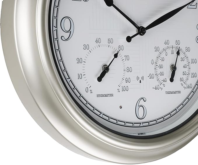 CLXEAST 18 Inch Illuminated Outdoor Indoor Atomic Analog Wall Clock with Temperature & Humidity Combo, Lighted Outdoor Clocks for Patio Large Waterproof with Thermometer, Modern Morning Silver/Gold-Ruum Studio Home
