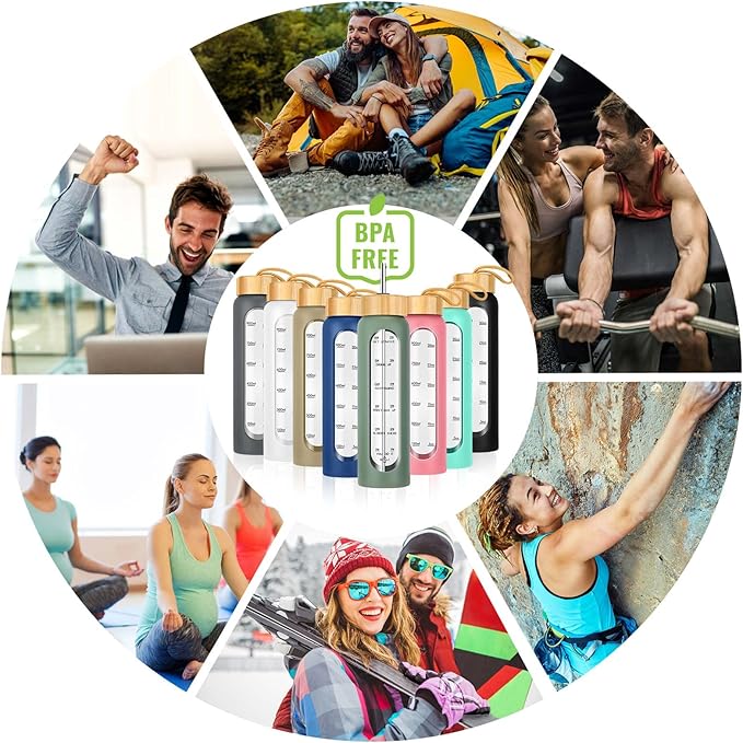 32 oz Glass Water Bottle with Straw - Motivational Time Marker & Silicone Sleeve - Reusable Tumbler Includes 2 Bamboo Lids & Fruit Infuser - 1 Pack-Ruum Studio Home