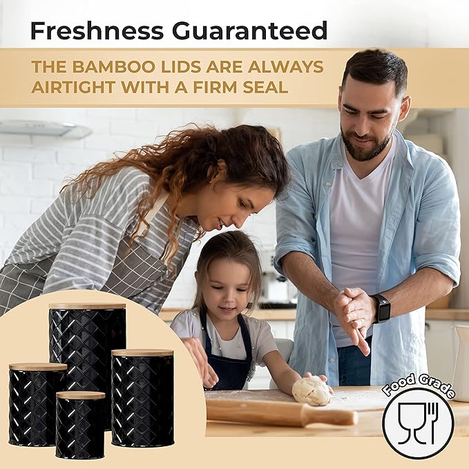 Pebble & Stem® Black Metal Canister Set for the Kitchen Counter, Food Canister Set of 4, Airtight Lids, Sugar and Flour Containers for Countertops, Coffee and Tea Storage, Farmhouse Decor-Ruum Studio Home