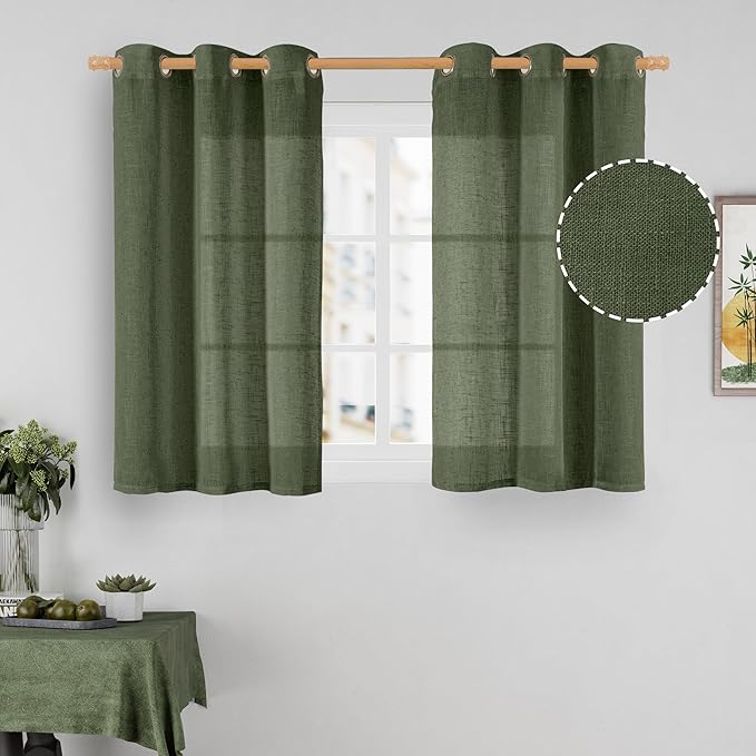LAMIT Sheer Linen Curtains 40 inch Long for Small Windows, Olive Green Light Filtering Curtains Bronze Grommet Linen Textured Neutral Boho Christmas Drapes for Kitchen/Cafe, 2 Panels, 34 x 40 Inch-Ruum Studio Home