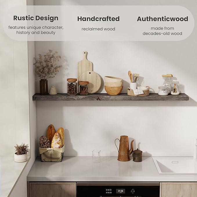 Solid Wood Floating Shelves, 8" Deep Rustic Reclaimed Barnwood Wall Hanging Floating Shelf with Invisible Heavy-Duty Metal Bracket | Wall Mounted | Farmhouse Style | 55 inches,1PC,Grey-Ruum Studio Home