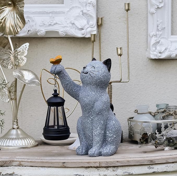 Solar Cat Garden Statue Outdoor Decor, Cat Sculpture with Lantern and Butterfly for Yard Lawn Patio Balcony, Birthday Housewarming Gifts for Mom, Grandma, Women, 9.4 inch, Resin-Ruum Studio Home