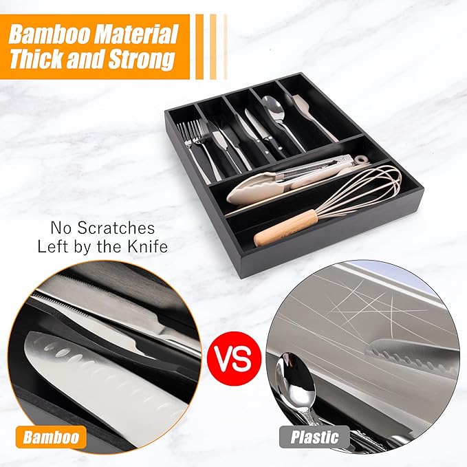 Bellsal Bamboo Silverware Drawer Organizer, Utensil Kitchen Drawer Organizer, Utensil Holder Cutlery Tray with Grooved Drawer Dividers for Kitchen Utensils and Flatware Bedroom Office (7 Slot, Black)-Ruum Studio Home