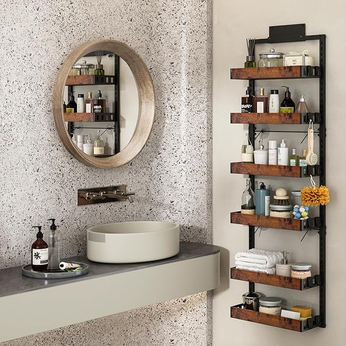 bukfen Over the Door Pantry Organizer, 6-Tier Adjustable Wooden Basket Kitchen Pantry Door Organization and Storage, Heavy-Duty Metal Hanging Kitchen Spice Rack,D6.3 x W17.71 x H50.60 inch,1 Pack-Ruum Studio Home