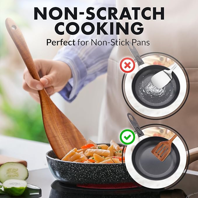 Zulay Kitchen Extra-Large 6-Piece Wooden Spoon Set - Smooth Teak Cooking Utensils - Comfort-Grip Non-Stick Turner, Spatula, Skimmer, Fork, Serving Spoon-Ruum Studio Home