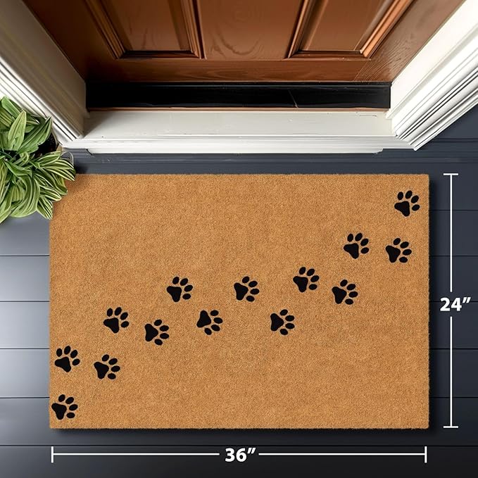 Barnyard Designs Natural Coco Coir Heavy Duty Backing Doormat - Large Cute Non-Slip Front Door Welcome Mat for Outside Entrance or Porch Entry, Brown (24x36, Paws)-Ruum Studio Home