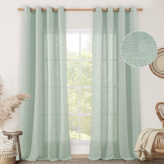 LAMIT Living Room Linen Curtains 95 Inch for Bedroom, Bronze Grommet Linen Textured Sheer Curtains Light Filtering Burlap Drapes for Farmhouse, 2 Panels, 52 x 95 Inch, Light Sage-Ruum Studio Home