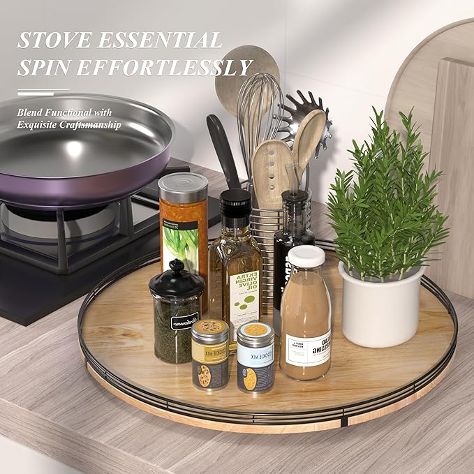 24" Lazy Susan Oak Wood Turntable Organizer for Cabinet, Farmhouse Round Wooden Large Lazy Susan Organization and Storage for Dining Table, Pantry, Kitchen, Countertop, Cupboard, Home Decor-Ruum Studio Home