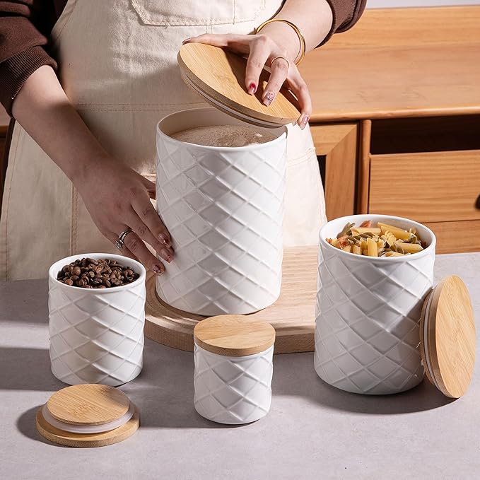 Sweejar Ceramic Canisters Sets for Kitchen Countertop, Relief Food Storage Jar with Bamboo Lid, Stackable Container for Flour, Coffee, Pasta, Cereal, Tea, Cookies, Sugar, Spices, Pack of 4 (White)-Ruum Studio Home