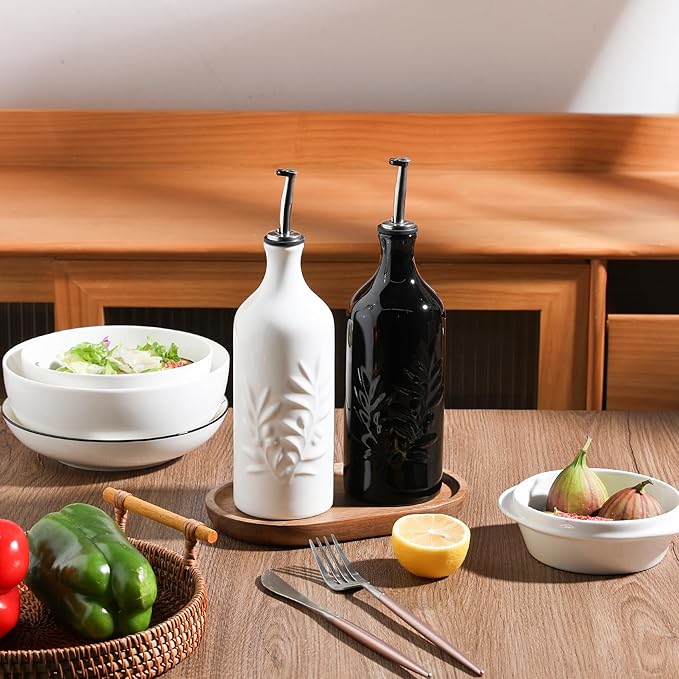 Sweejar Ceramic Olive Oil Dispenser Bottle, 20 Oz Relief Opaque Oil Cruet Protects To Reduce Oxidation, Suitable for Storage Vinegar, Soy Sauce,Liquids,Set of 2 (White Black)-Ruum Studio Home