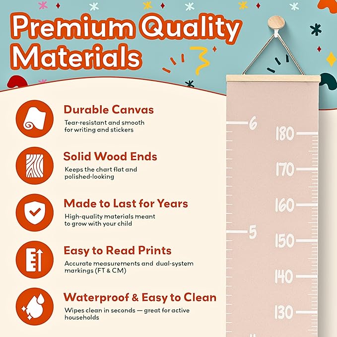 Height Chart for Kids Customizable Kids Height Wall Chart with Stickers, Marker & Hook Hanging Growth Chart Measurement for Wall Easy Installation for Baby Room Nursery and Playroom-Ruum Studio Home
