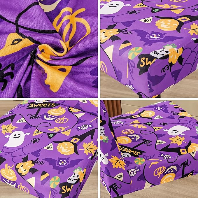 JQinHome Purple Halloween Chair Slipcover, Spider Web Chair Covers Set of 6, High Stretch Washable Chair Protector Cover for Dining Room, Kitchen,Home Party,Wedding Ceremony(Purple Candy,6PC)