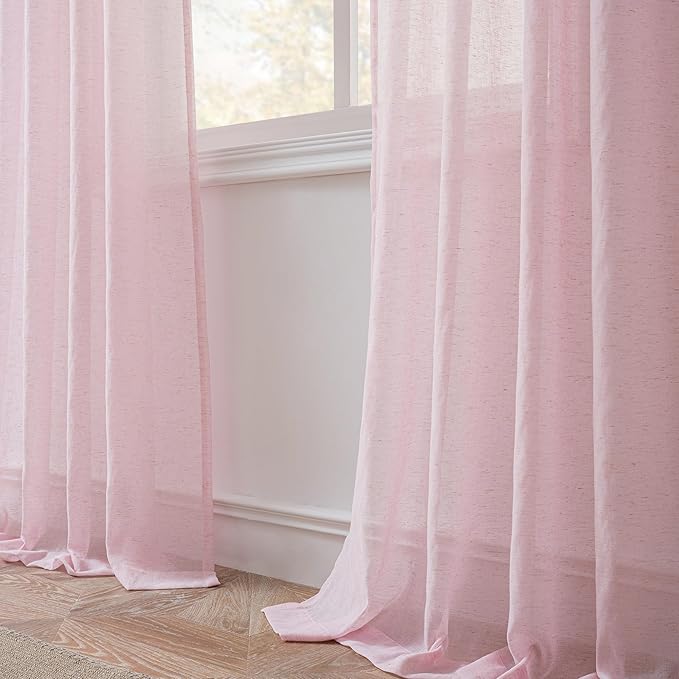 FMFUNCTEX Linen Sheer Curtains for Bedroom, Pink Curtains 63 Inch Length for Living Room, Blush Pink Farmhouse French Flax Blend Window Draperies, Rod Pocket 2 Panels Set-Ruum Studio Home