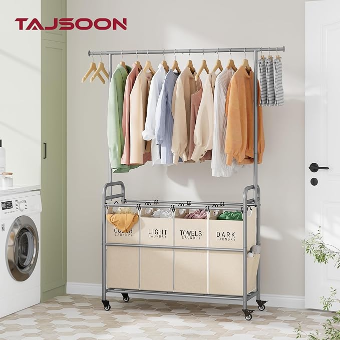 Tajsoon Laundry Hamper with Hanging Rack, Laundry Sorter 4 Sections, 4 Basket Butler with Lockable Wheels and Removable Bag, Rolling Laundry Cart for Bedroom, Beige-Ruum Studio Home