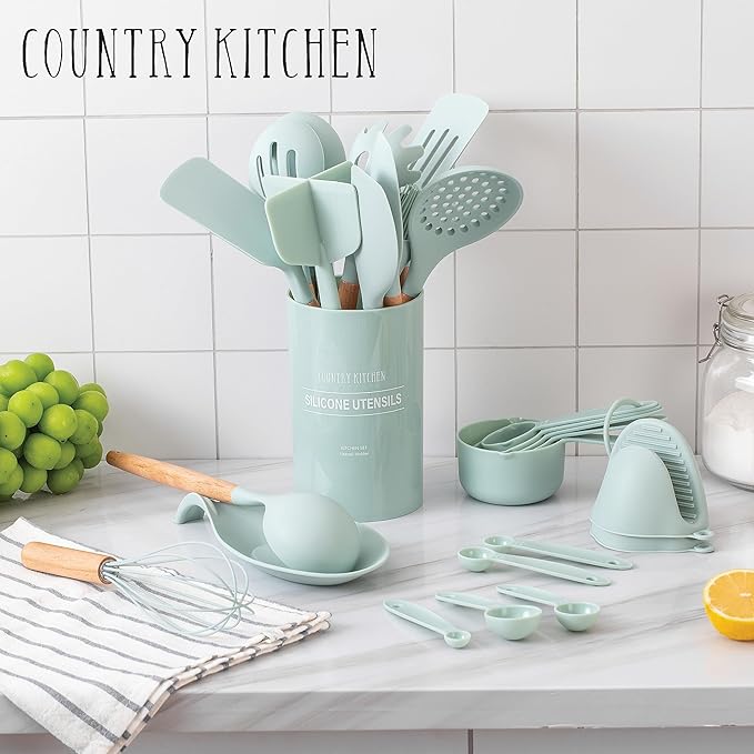 Country Kitchen Non Stick Silicone Utensil Set with Rounded Wood Handles for Cooking and Baking, 38 Piece Set, Mint-Ruum Studio Home