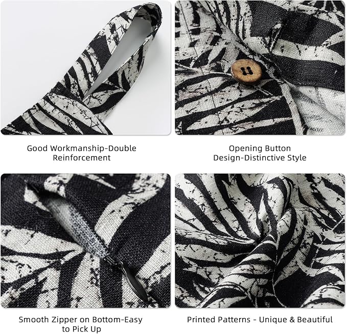 Linen Hanging Laundry Bag, 100% Linen Leaf Print Over The Door Laundry Hamper with Buttons and Zipper, Space Saving Door Hampers for Laundry Dirty Clothes Home Travel, Black, 19.7x27.5inches-Ruum Studio Home