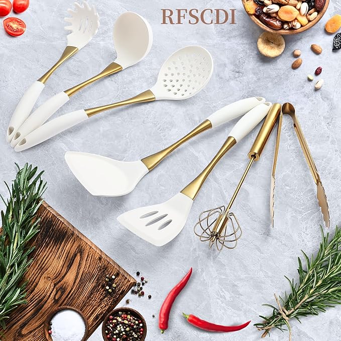 Elegant White Gold Silicone Cooking Utensils Set - Non-Toxic, Dishwasher Safe Kitchen Utensils Set with Heat Resistant Comfort Handles - Includes Spatula & Spoon for Nonstick Cookware-Ruum Studio Home