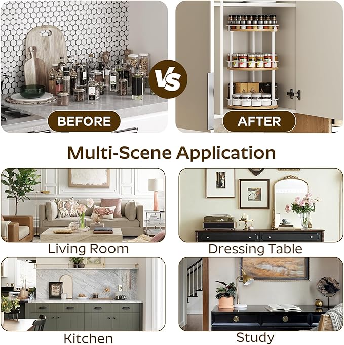 3-Tier Lazy Susan Organizer, Rotating Spice Rack, Spinning Organizer, Industrial Turntable Spice Rack Organizer for Cabinet, Kitchen Countertop, Pantry, White and Natural SR23WN-Ruum Studio Home