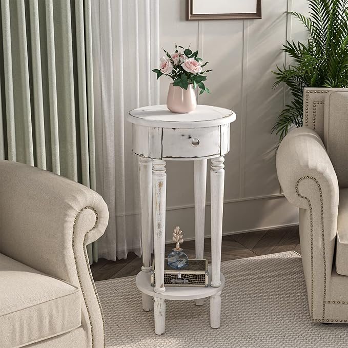 COSIEST Tall End Table with Drawer, Round Nightstand with Storage Shelf, Industrial Telephone End Table for Living Room, Bedroom, Hall Way, Space Saving Beige-Ruum Studio Home