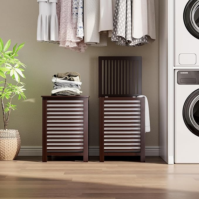 SMIBUY Double Laundry Hamper with Lid, 120L Bamboo Laundry Basket with Removable Liner Bag, 2-Section Clothes Divider Laundry Sorter for Laundry Room, Bathroom, Bedroom (Dark Brown)-Ruum Studio Home
