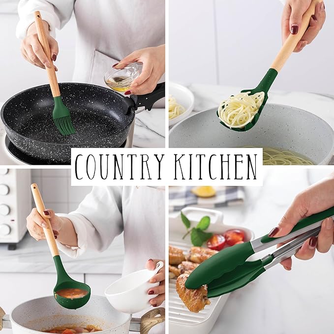 Country Kitchen Non Stick Silicone Utensil Set with Rounded Wood Handles for Cooking and Baking, 14 Piece Set, Green-Ruum Studio Home